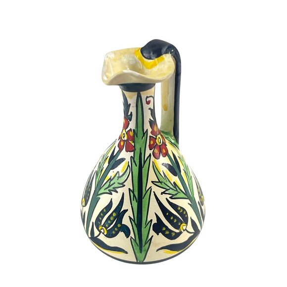 Handmade Greek Ceramic Pitcher With Floral Design Multicolor 7" Tall Signed Numb - Picture 3 of 7